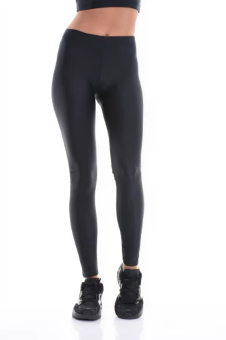 Black high-waisted microfiber leggings, full-length front view with a smooth sleek athletic finish