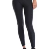 Black high-waisted microfiber leggings, full-length front view highlighting the smooth elastic waistband