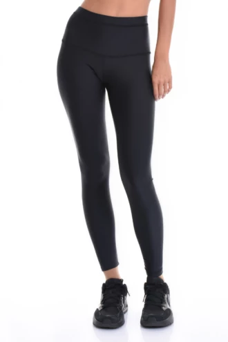 Black high-waisted microfiber leggings, full-length front view highlighting the smooth elastic waistband