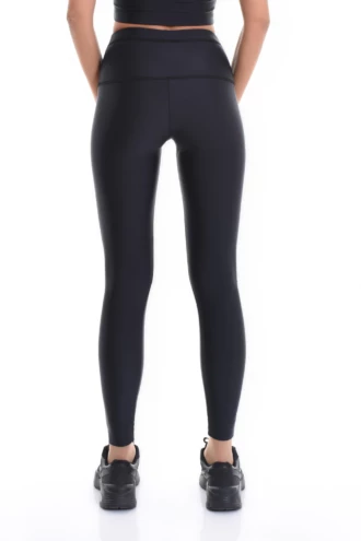 Glossy black high-waisted microfiber leggings, full-length back view with a sleek figure-hugging finish