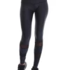 Glossy black high-waisted microfiber leggings with calf mesh panels, front view of the sleek fit