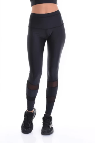 Glossy black high-waisted microfiber leggings with calf mesh panels, front view of the sleek fit