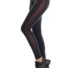 Glossy black microfiber leggings with a vertical side mesh stripe, side view of the slim athletic fit