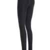 Glossy black microfiber leggings, three-quarter back view with pink waistband stripes and a snug fit