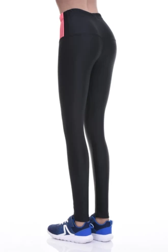 Glossy black microfiber leggings, three-quarter back view with pink waistband stripes and a snug fit
