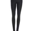 Black high-waisted microfiber leggings with a pink accent, front view of the smooth sleek fit