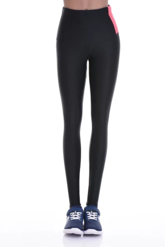 Black high-waisted microfiber leggings with a pink accent, front view of the smooth sleek fit