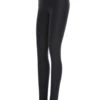 Glossy black high-waisted microfiber leggings with pink waistband stripes, side view of the slim line