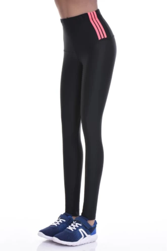Glossy black high-waisted microfiber leggings with pink waistband stripes, side view of the slim line