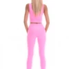 Pink high-waisted microfiber leggings, full-length back view in a smooth stretchy fabric