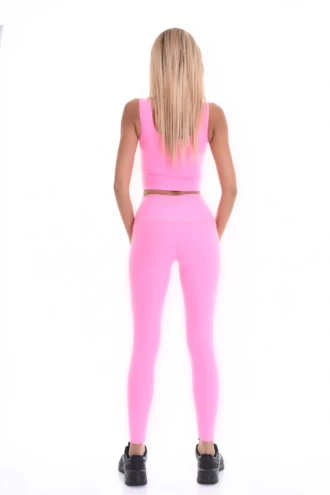 Pink high-waisted microfiber leggings, full-length back view in a smooth stretchy fabric