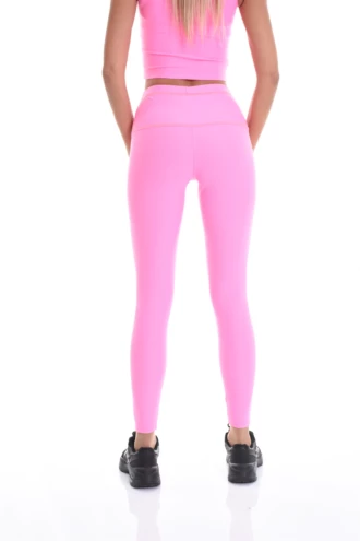 Pink high-waisted microfiber leggings, back view of the full leg in dense smooth microfiber