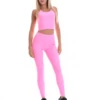Pink high-waisted microfiber leggings, full-length front view in a smooth stretchy fabric