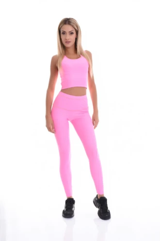 Pink high-waisted microfiber leggings, full-length front view in a smooth stretchy fabric
