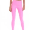 Pink high-waisted microfiber leggings, front view of the leg showing the dense smooth fabric