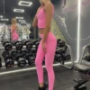 Pink high-waisted microfiber leggings, side view highlighting the dense smooth stretch fabric