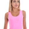 Pink sports set, front detail of the smooth soft microfiber top paired with the leggings