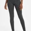 Anthracite high-waisted microfiber leggings with a fine dot print, front view of the sleek fit