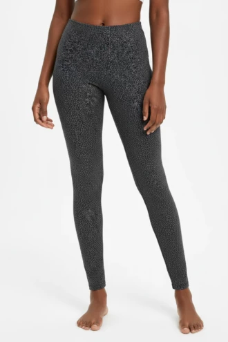 Anthracite high-waisted microfiber leggings with a fine dot print, front view of the sleek fit