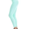 Reseda green microfiber leggings, side view of the leg down to the ankle showing the snug fit