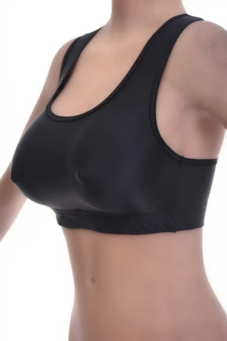 Women's microfiber racerback bralette in black with soft wireless cups, wide straps and a scoop neckline.