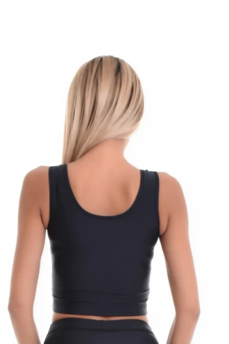 Black microfiber scoop-neck tank, a clean everyday staple smooth under fitted clothing or worn on its own.