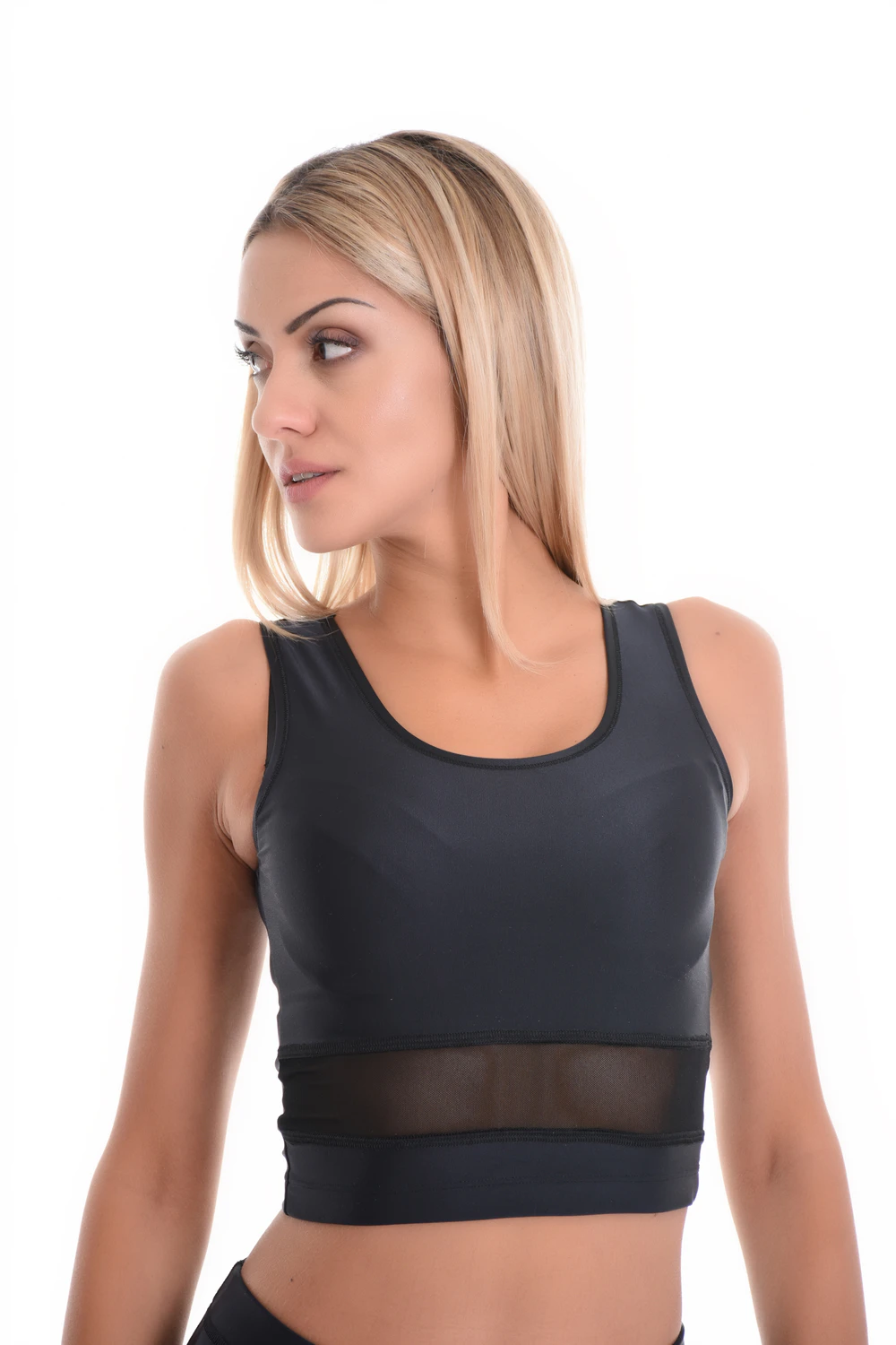 Women's microfiber tank top in black with wide straps and a scoop neckline in a smooth slim cut.
