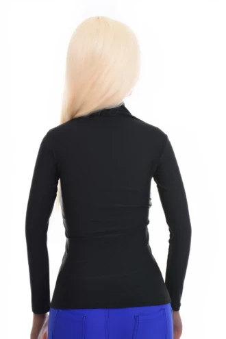 Smooth microfiber long-sleeve tee with a high mock neck and stretch slim line that follows the figure.