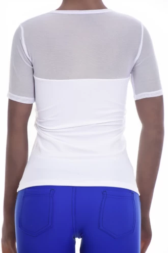 Breathable open-knit mesh tee with smooth microfiber, a round neck and stretch slim line that breathes.