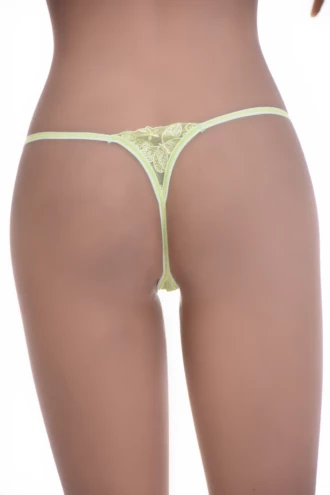 Soft grey-green dotted-mesh lace G-string with a clean line and scalloped waist, a muted minimal-coverage cut.