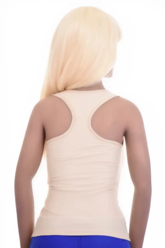 Sleeveless fine microfiber racerback tank with a scoop neckline, a close slim shape that follows the figure.