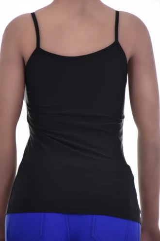 Sleeveless microfiber camisole with thin straps and a low scoop, an easy pull-on layer for warm weather.