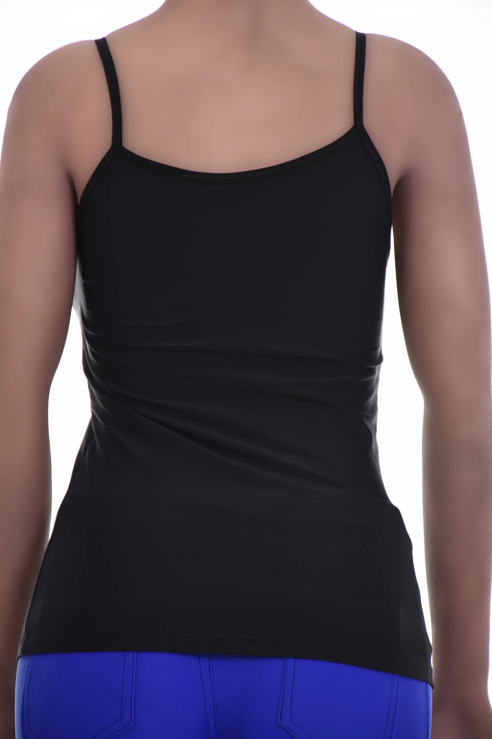Sleeveless microfiber camisole with thin straps and a low scoop, an easy pull-on layer for warm weather.