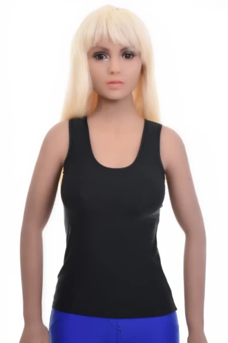 Sleeveless microfiber racerback tank with stretch and a scoop neck, an easy pull-on layer that lies flat.