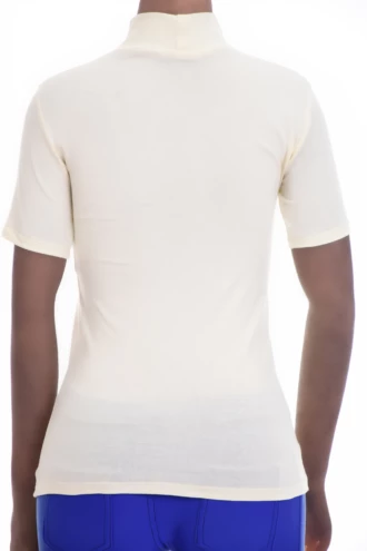 Slim cotton-blend tee with a high mock neck and short sleeves, a clean body-skimming everyday layer.