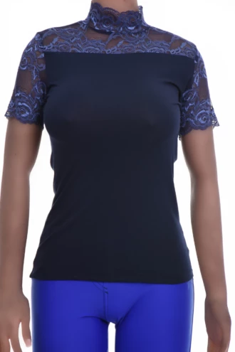 Slim cotton-blend lace tee with a mock neckline and long sleeves, a dressed-up layer that keeps its shape.