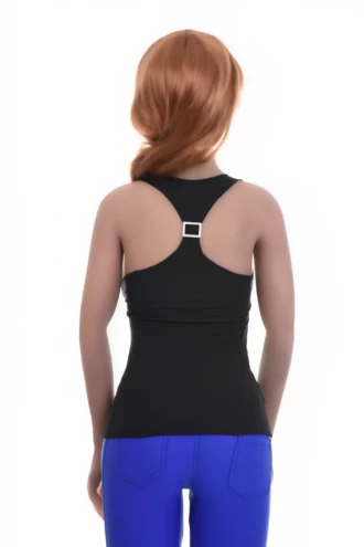Slim cotton tank with a low scoop neckline and wide racerback straps, soft and breathable against the skin.
