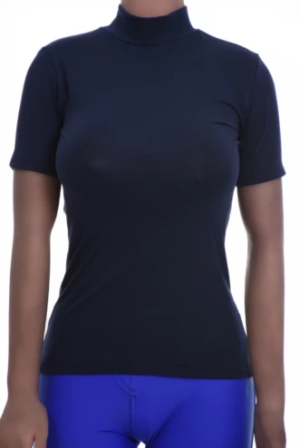 Slim cotton tee with short sleeves and a mock neck, soft and breathable with an easy pull-on shape.