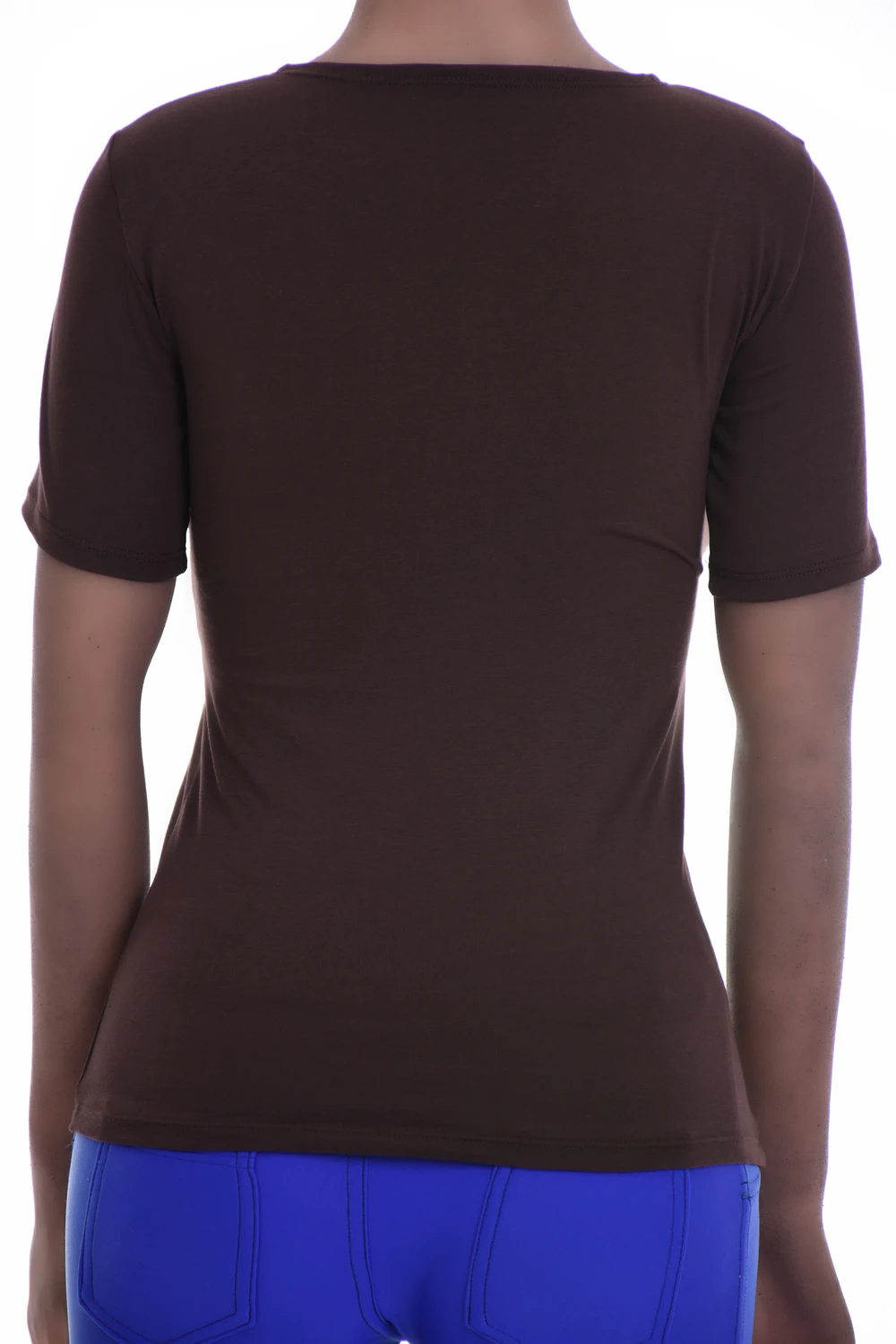 Slim cotton tee with short sleeves and a low scoop neck, a comfortable body-skimming base for layering.