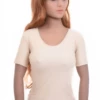 Slim fine microfiber tee with a low scoop neck and short sleeves, soft and close for warm-weather wear.