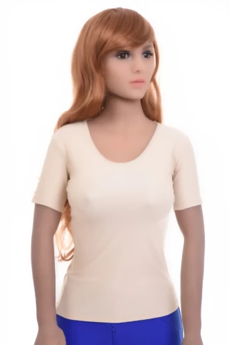 Slim fine microfiber tee with a low scoop neck and short sleeves, soft and close for warm-weather wear.