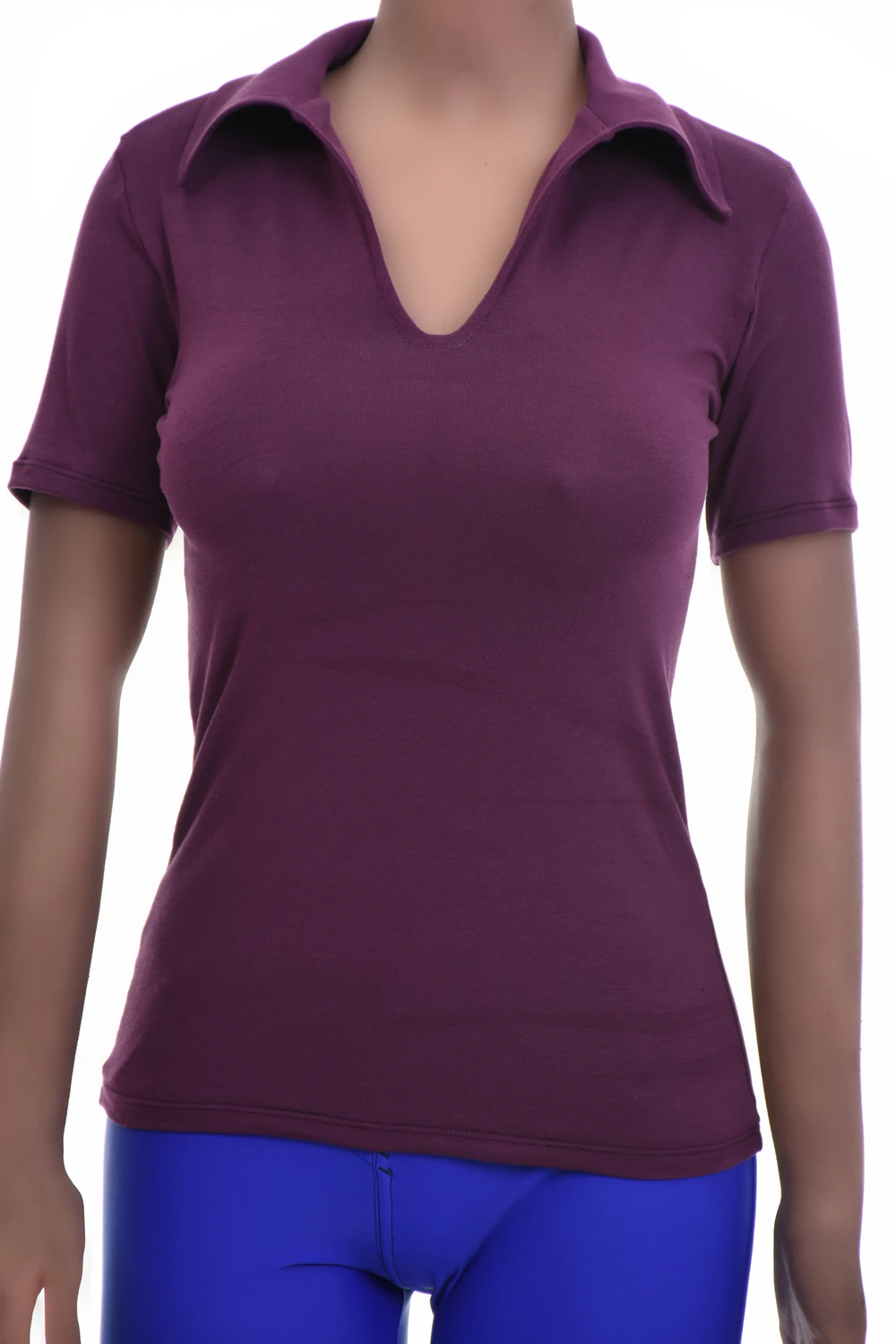Slim fitted cotton tee with an open V-neck and short sleeves, soft and close against the skin.
