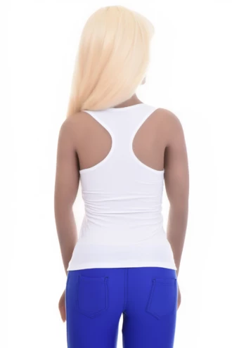 Slim microfiber tank with a low scoop neckline and wide racerback straps, smooth against the skin.