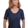 Slim microfiber tee with a scoop neckline and short sleeves, a close feminine shape for warm-weather wear.