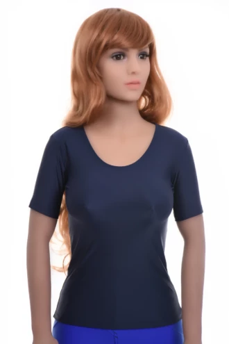 Slim microfiber tee with a scoop neckline and short sleeves, a close feminine shape for warm-weather wear.