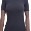 Slim stretch cotton-blend mock-neck tee that lies flat under a cardigan, breathable and soft for daily use.