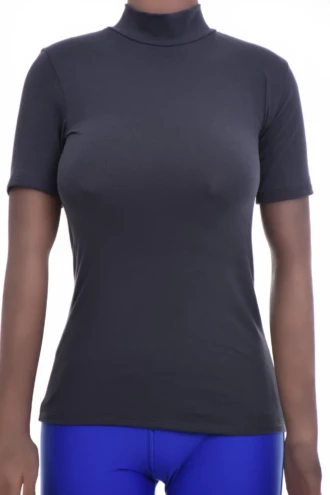 Slim stretch cotton-blend mock-neck tee that lies flat under a cardigan, breathable and soft for daily use.