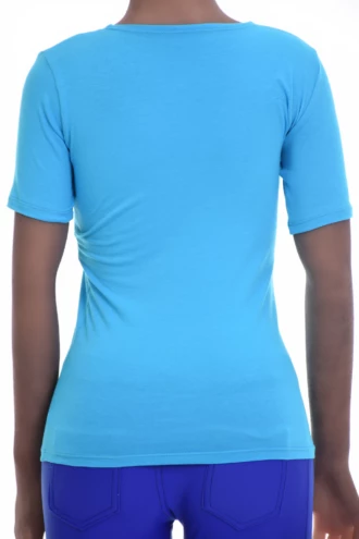Slim stretch cotton-blend tee with a scoop neckline and short sleeves, comfortable for daily wear.