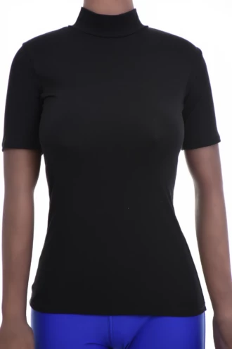 Soft body-skimming cotton tee with a high mock neck, a light layer that lies flat under an open shirt.