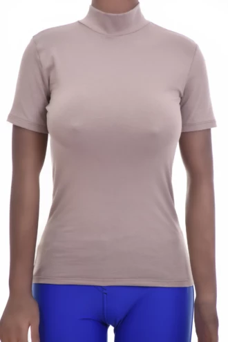 Soft breathable cotton tee with a close slim fit, a mock neck and short sleeves for daily layering.